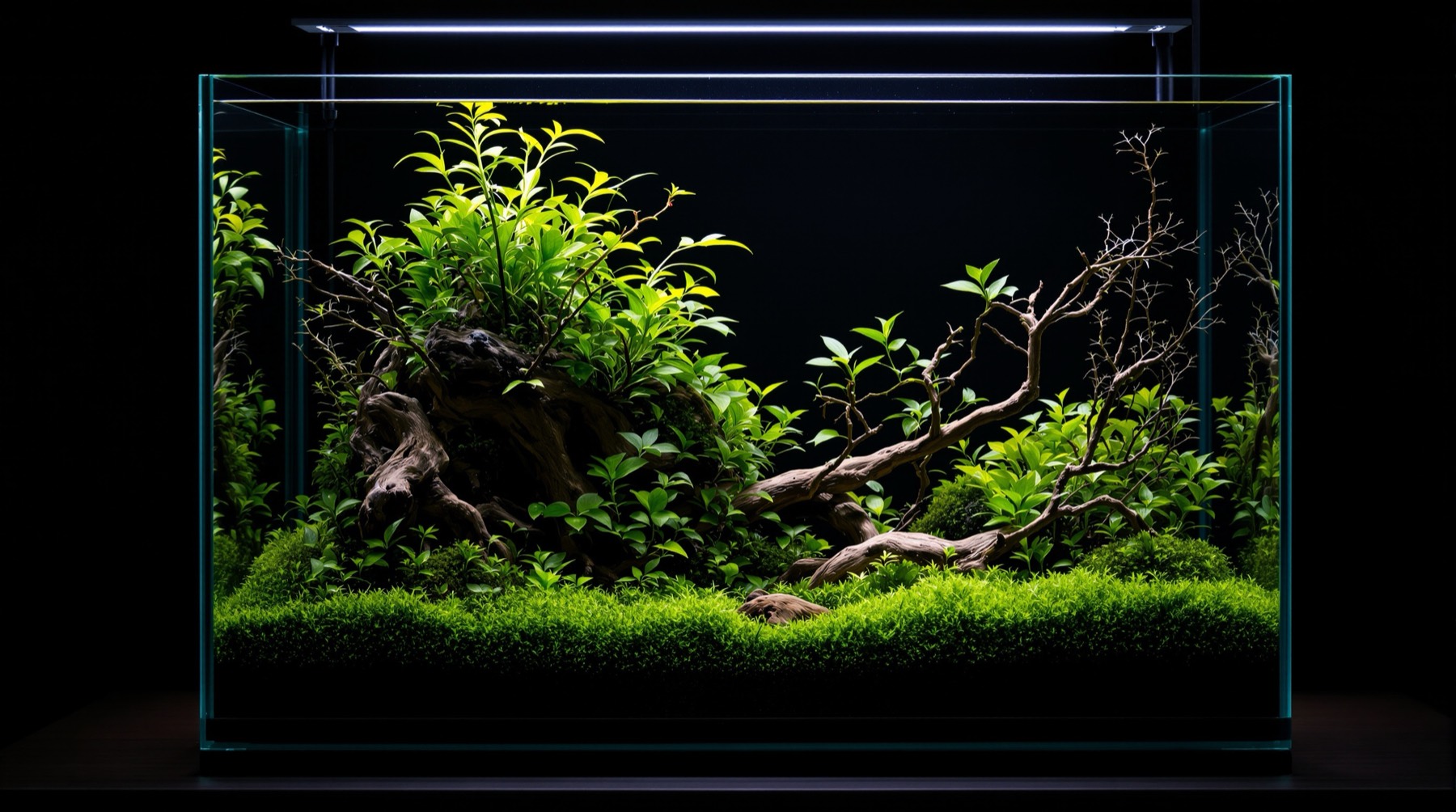 Bepflanztes Nano-Aquarium im dunklen Raum